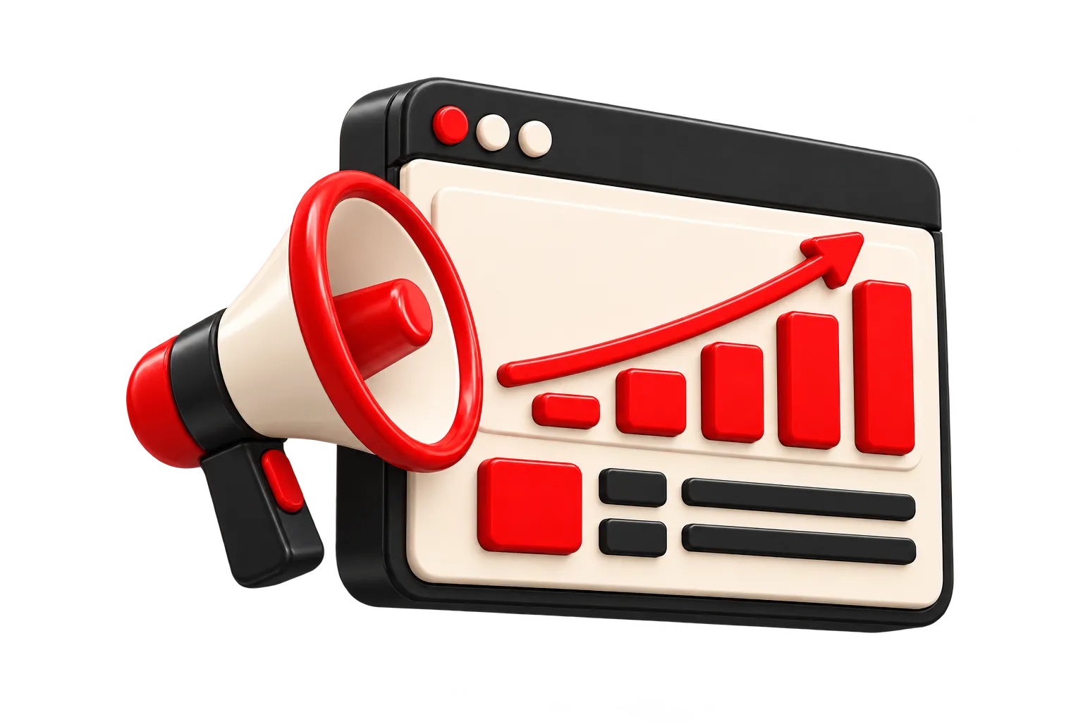 3D marketing dashboard with a growth chart and megaphone