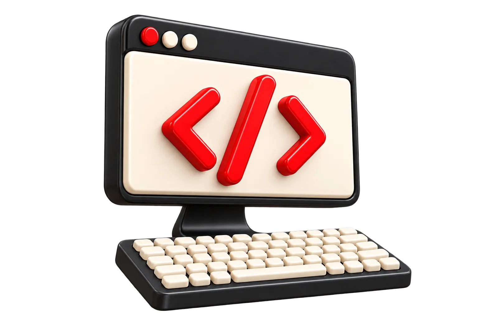 3D browser window with red code symbols and a keyboard