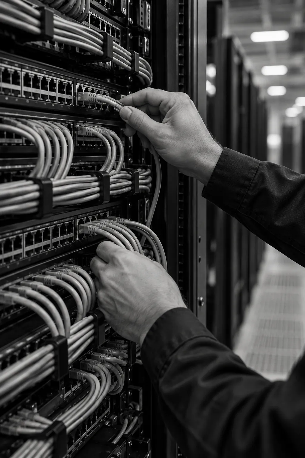 Technician connecting network cables in a server rack