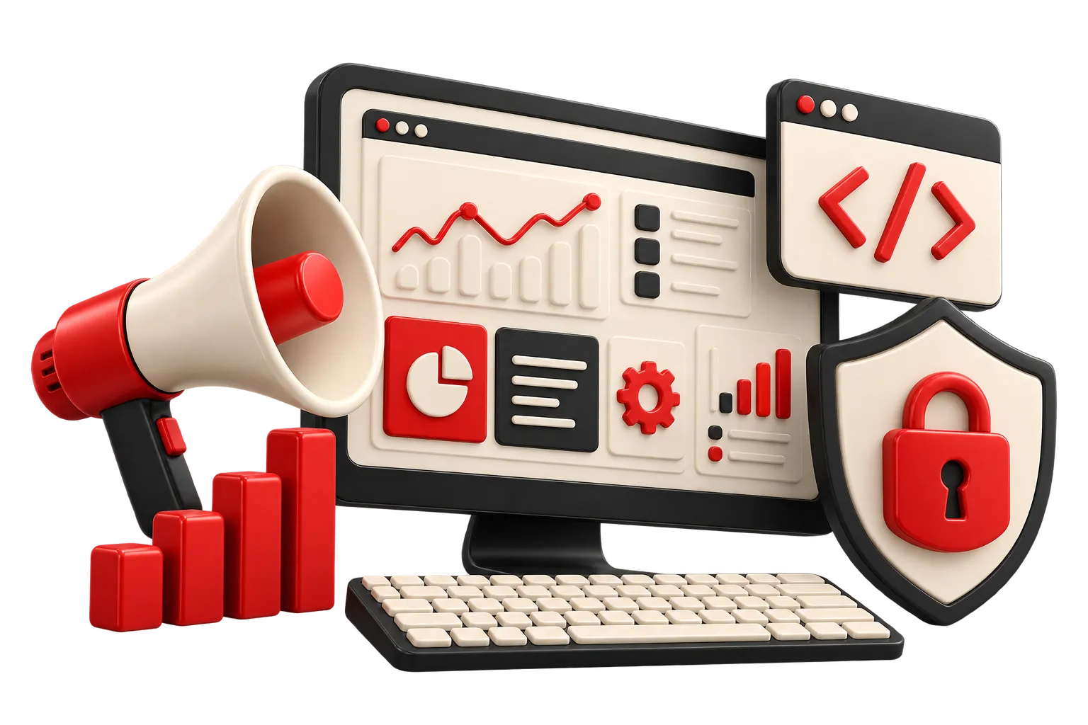 3D workstation with marketing growth charts, software code, and a security shield