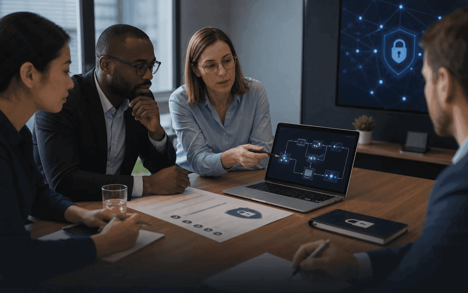 Team reviewing responsible AI safeguards and protected data workflows