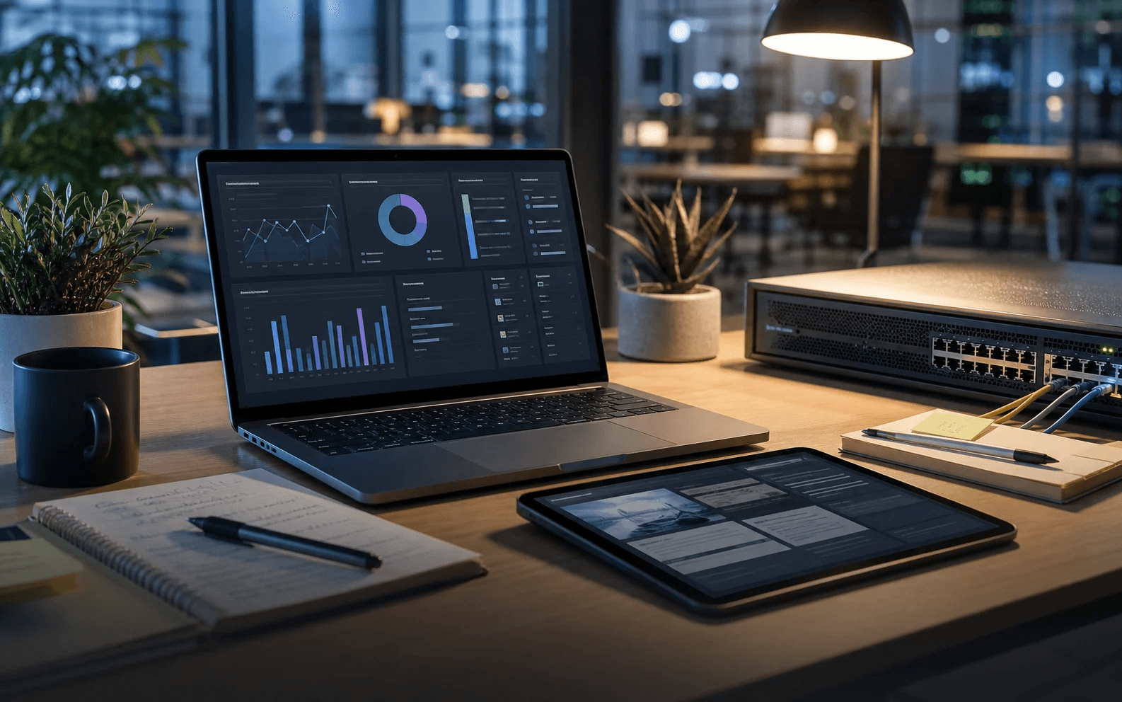 Technology insights desk with analytics, notes, and network equipment