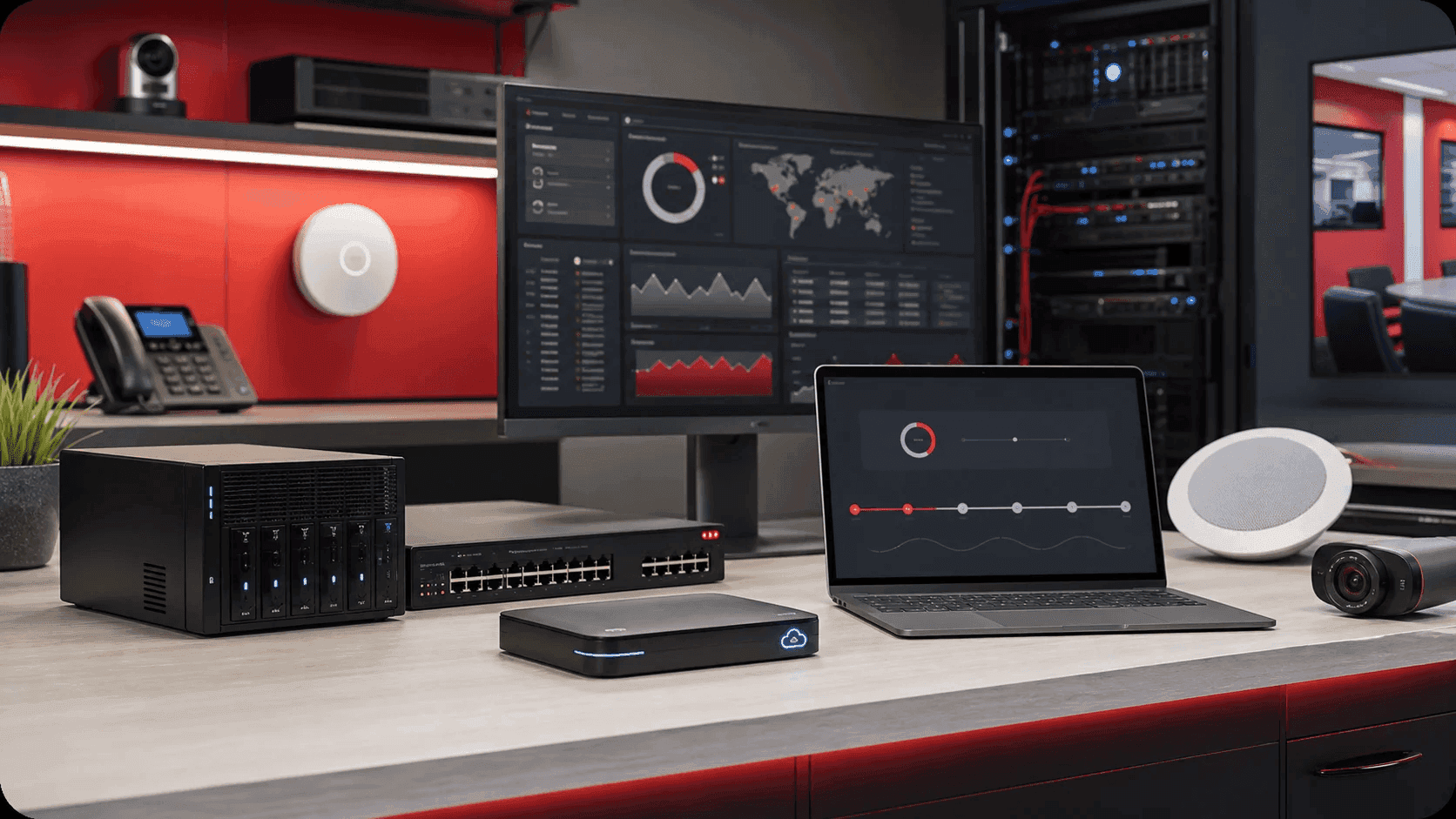 Core services equipment with servers, network hardware, and support dashboards