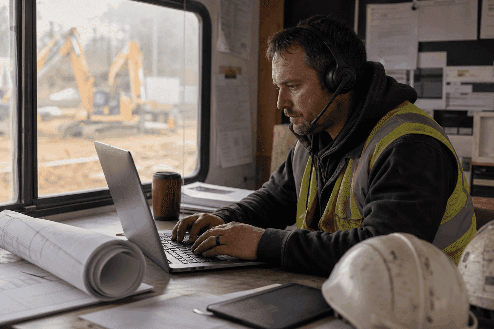 Construction site office desk with laptop, hard hats, and rolled plans ready for field coordination