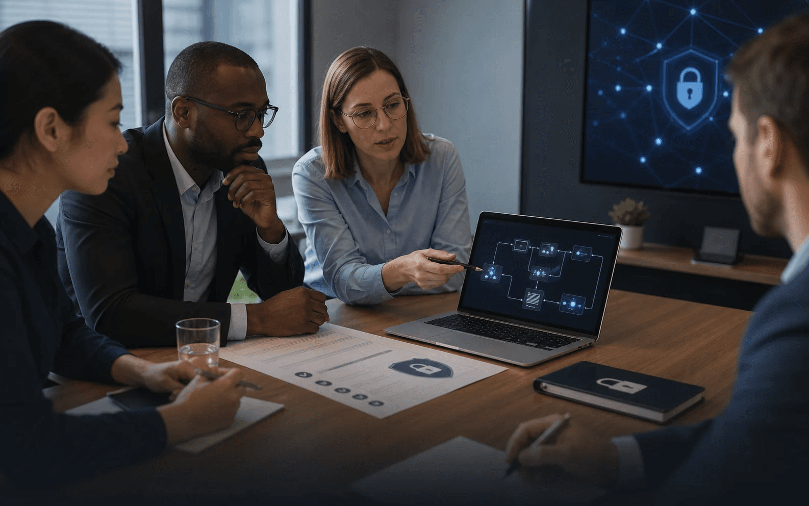 Team reviewing responsible AI safeguards and protected data workflows