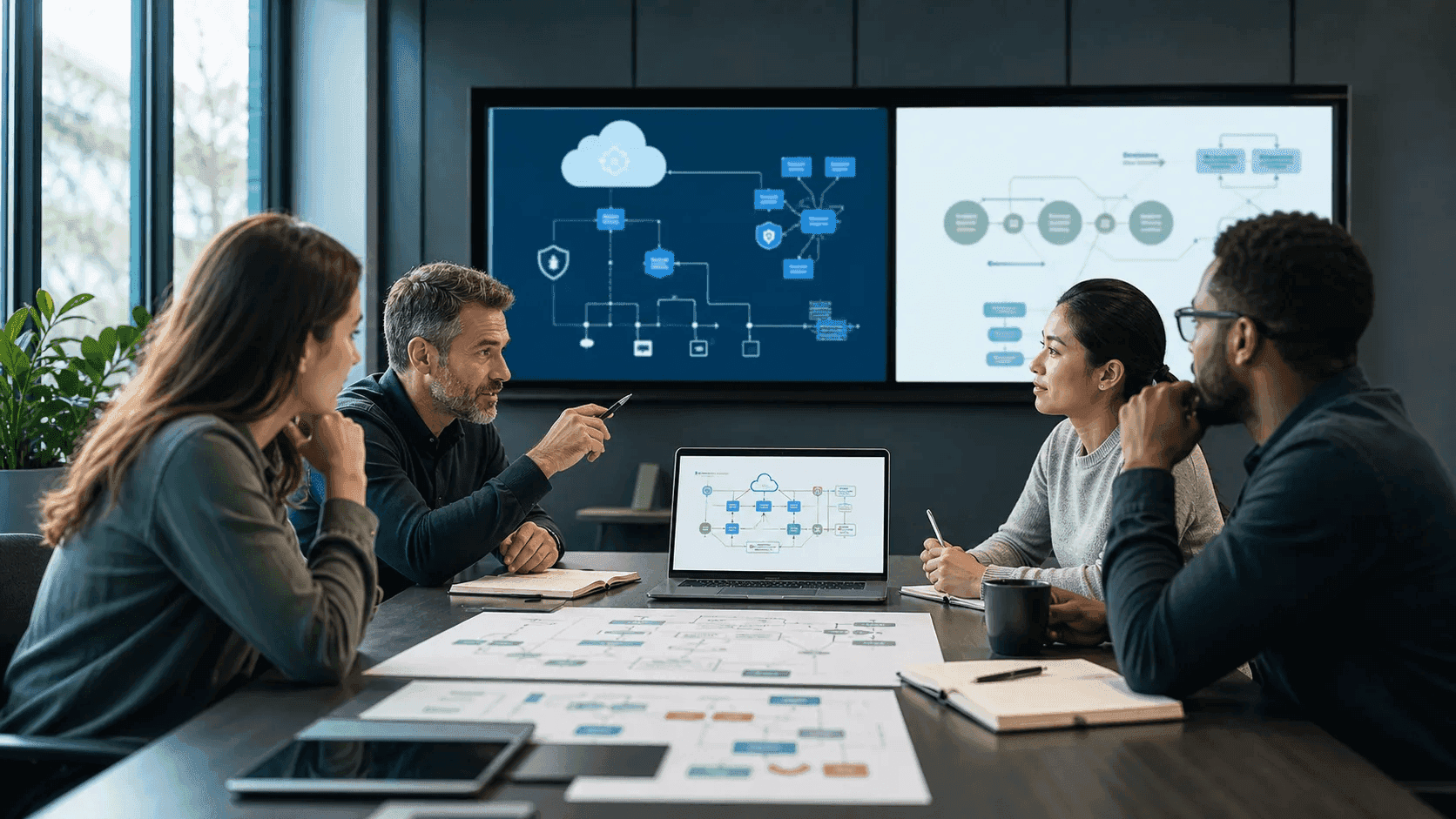 Technology planning session with cloud and security diagrams