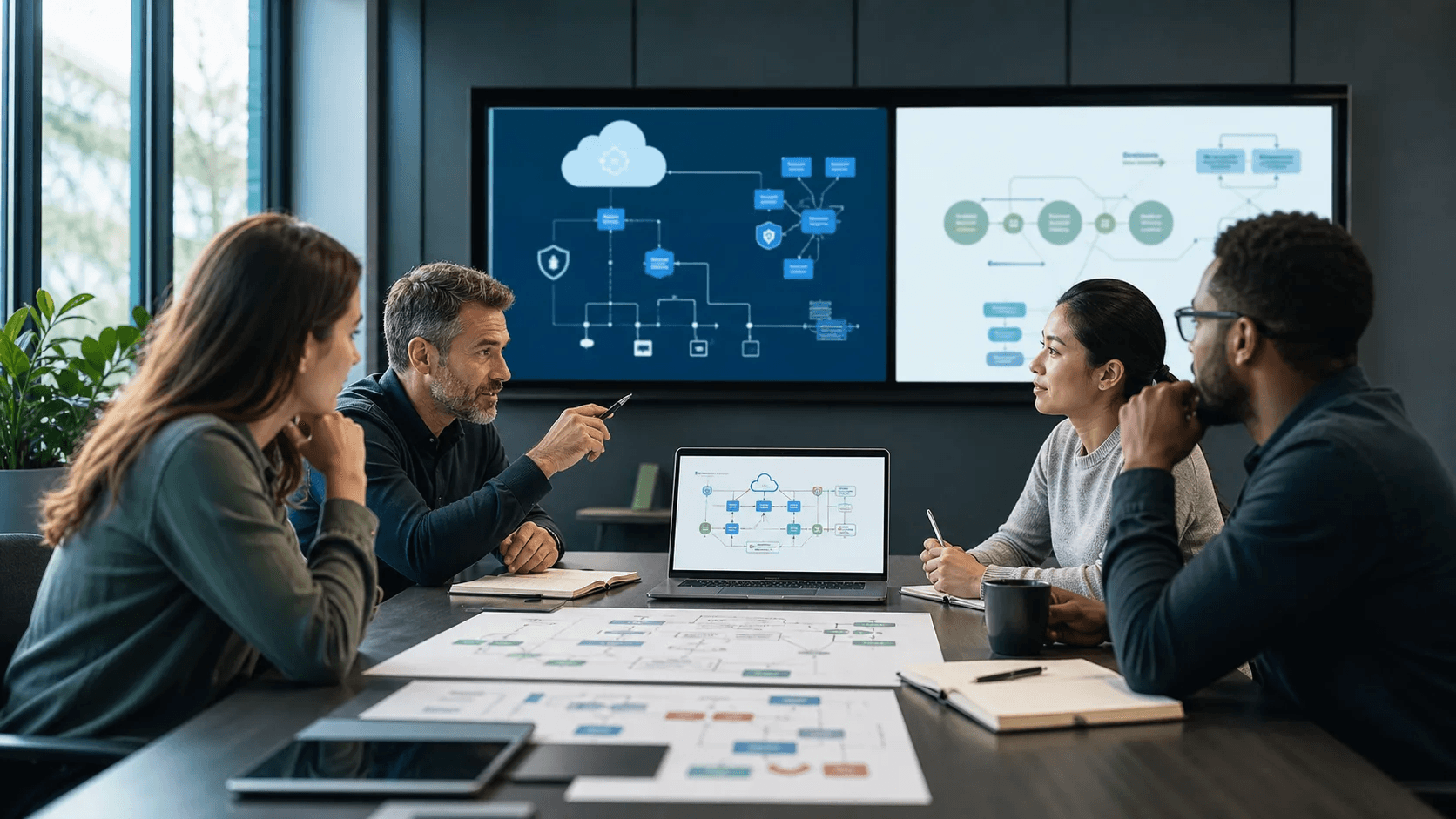 Technology planning session with cloud and security diagrams